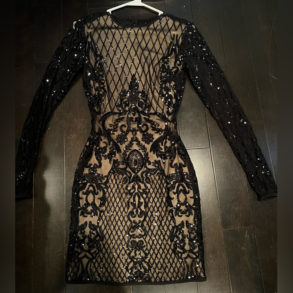 Windsor mini dress, black sheer overlay with lace and sequin detailing. Size S